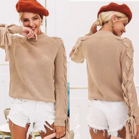 Boho taupe lace up sleeve knit sweater - Picture 2 of 2
